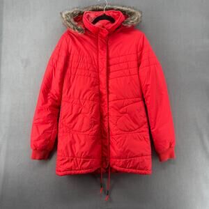 Volcom Hot Mittes Long Puffer Jacket 3/4 Length Large 14 Faux Fur Hood Red
